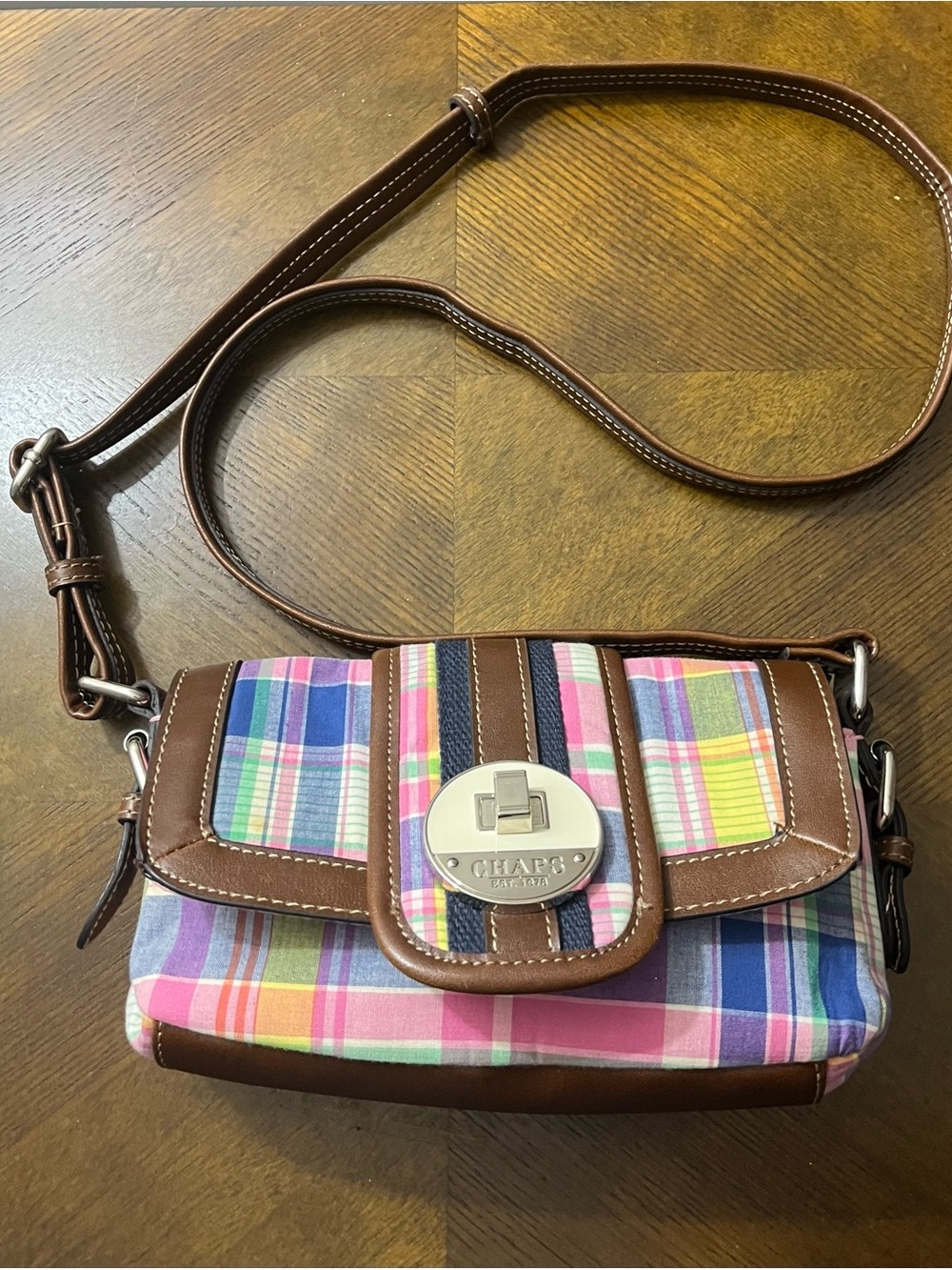 Chaps Brown Leather-Trim Plaid Crossbody Bag